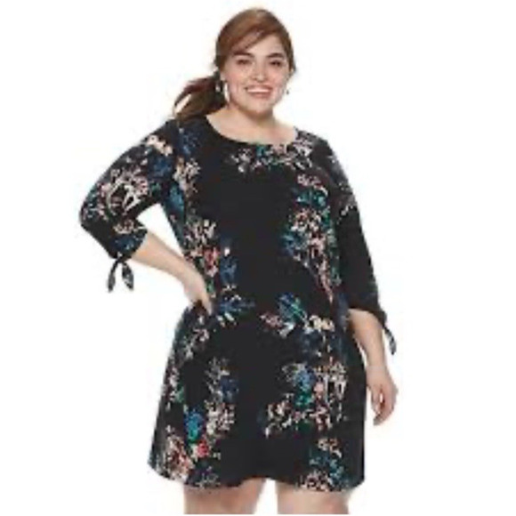 EVRI Plus Size Floral Printed Black Midi Shift Dress Knot Sleeve 0X 14W 16W - Picture 1 of 8